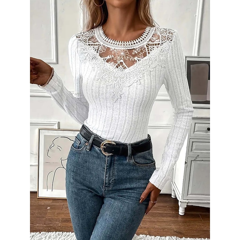 Women's Blouse Solid Color Elegant Stylish Basic Long Sleeve Crew Neck Regular Tops Daily Lace Patchwork Black White Pink Purple Gray Spring Fall Winter4