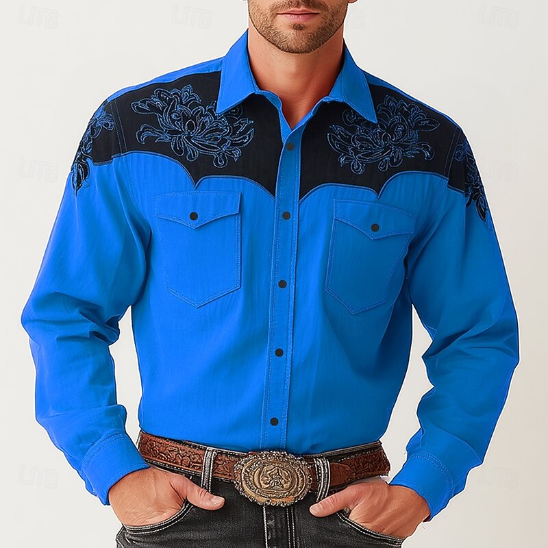 Men's Floral Print Ethnic Flowers Shirt Western Shirt Cowboy Shirt Long Sleeve Vintage Retro Outdoor Casual WorkWear Spring Fall Turndown Front Two Pockets Linen Like Shirt Button Up Shirts Yellow2