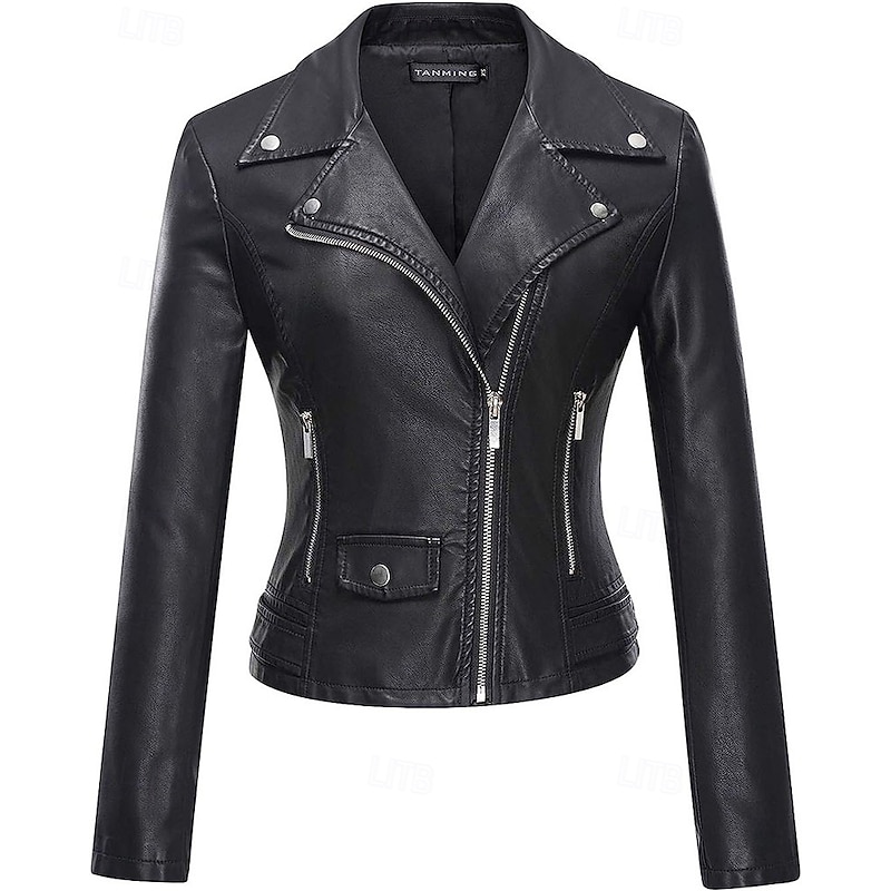Women's Faux Leather Jacket Warm Comfortable Zipper Pocket Casual Solid Color Vacation Street Casual Daily Wear Short Turndown Regular Fit Long Sleeve Outerwear Black Wine Blue Fall Winter2