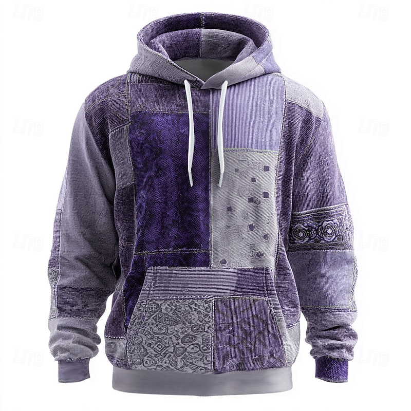 Men's Geometric Plaid Hoodie Sweatshirt Fashion Daily Crew Neck Home Party Streetwear Blue Purple Drawstring Fall Winter Designer2