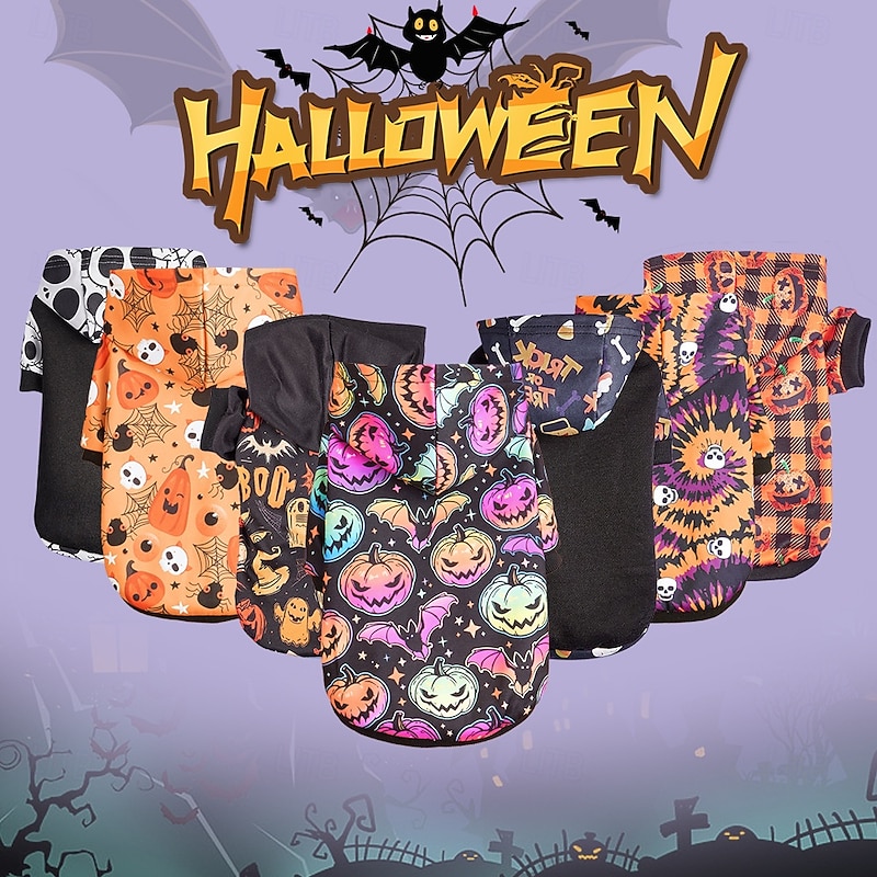 Halloween Pumkin Print Dog Hoodie - All-Season Pet Sweatshirt for Small to Medium Breeds Machine Washable