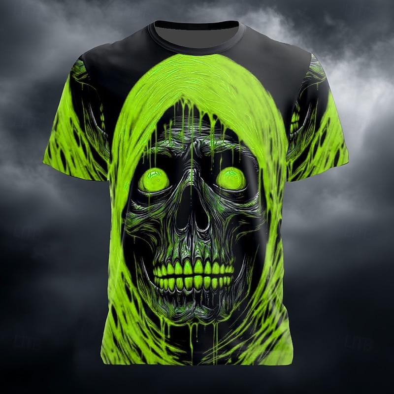 Halloween Men's Optical Illusion 3D Reaper T Shirt Short Sleeve T shirt 3D Print Crew Neck Shirt Exaggerated Designer Horror Party Street Holiday Red Blue Green Summer Spring All Seasons Clothing2