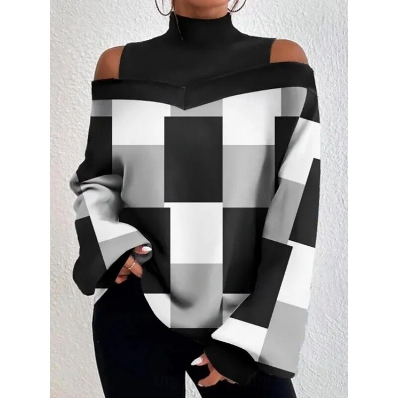 Women's Blouse Geometric Plaid Stylish Casual Long Sleeve High Neck Regular Tops Daily Patchwork Print Black White Khaki Gray Spring Fall Winter4