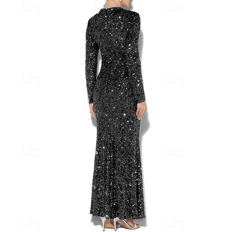 Black Tie Silver Black Mermaid / Trumpet Evening Gown Elegant Formal Dress Formal Wedding Floor Length Long Sleeve High Neck with Sequin 20253