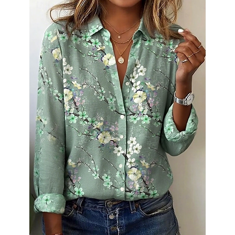 Easter Women's Shirt Floral Graphic Elegant Bohemia Vintage Long Sleeve Shirt Collar Regular Tops Work Daily Buttons Print Yellow Blue Green Spring Fall Winter