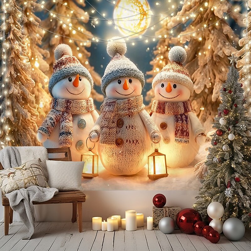 Christmas Wall Tapestry Backdrop, Golden Glowing Snowman Family with Lights and Tree, 2025 Xmas Winter Wonderland Holiday Wall Hanging for Bedroom Living Room