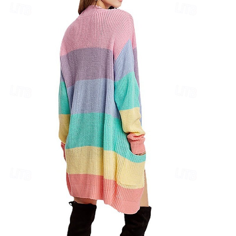 Women's Sweater Cardigan Streetwear Casual Rainbow V Neck Open Front Pocket Knitted Long Sleeve Long Tops Knit Daily Holiday Going out Pink Fall Winter3