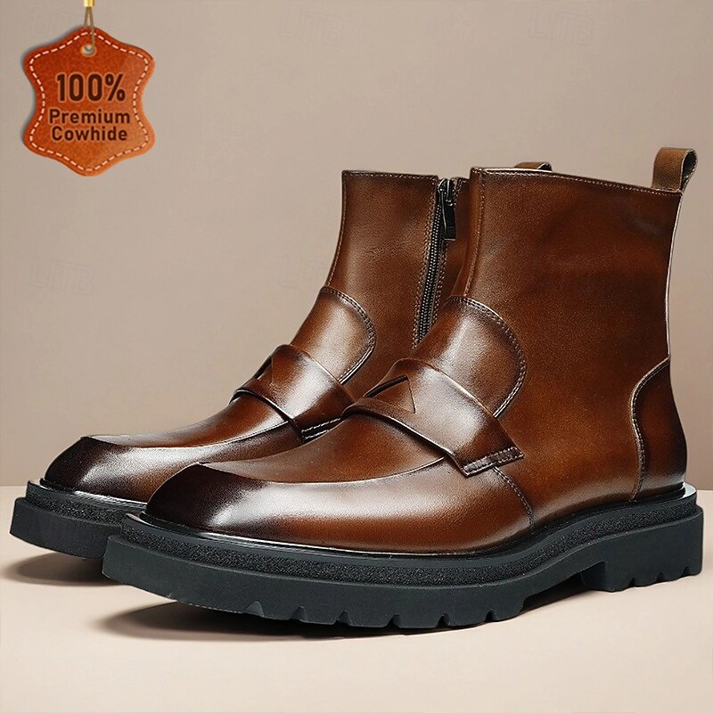 Men's Brown Strap Ankle Boots Stylish Zip-Up Casual Boots with Double Strap Design for Business Wear, Travel and Everyday Comfort