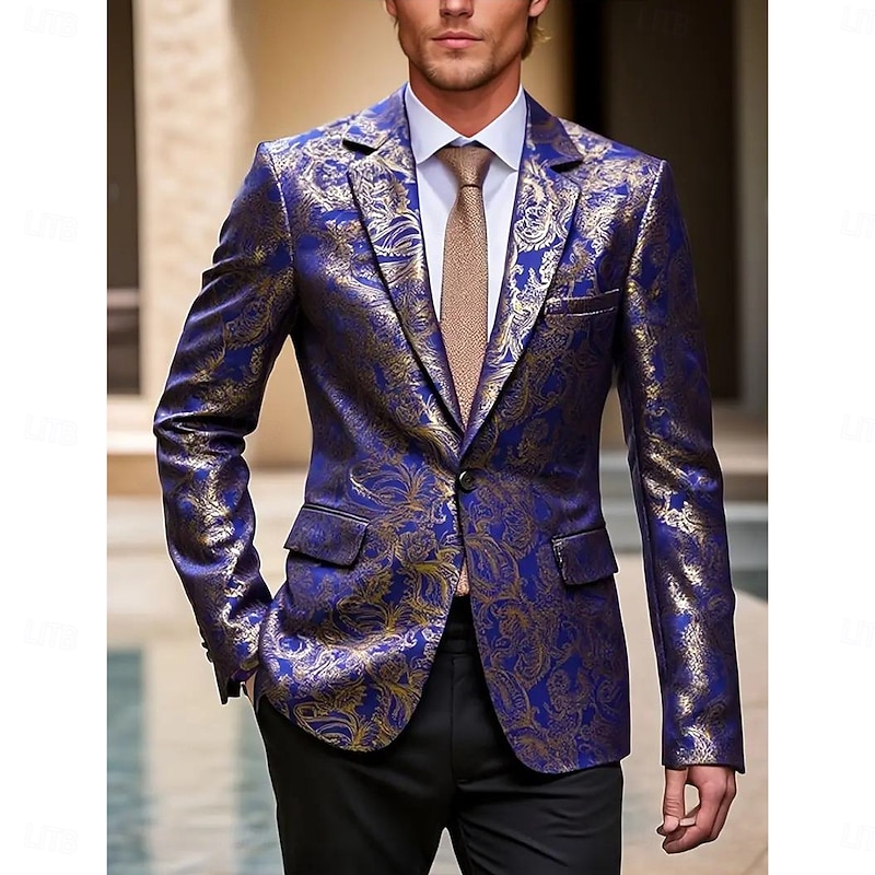 Men's Blazer Jacket Notch Collar Party Floral Printing Blazer Black Red Royal Blue Slim Fit Tailored Fit Single Breasted One-button