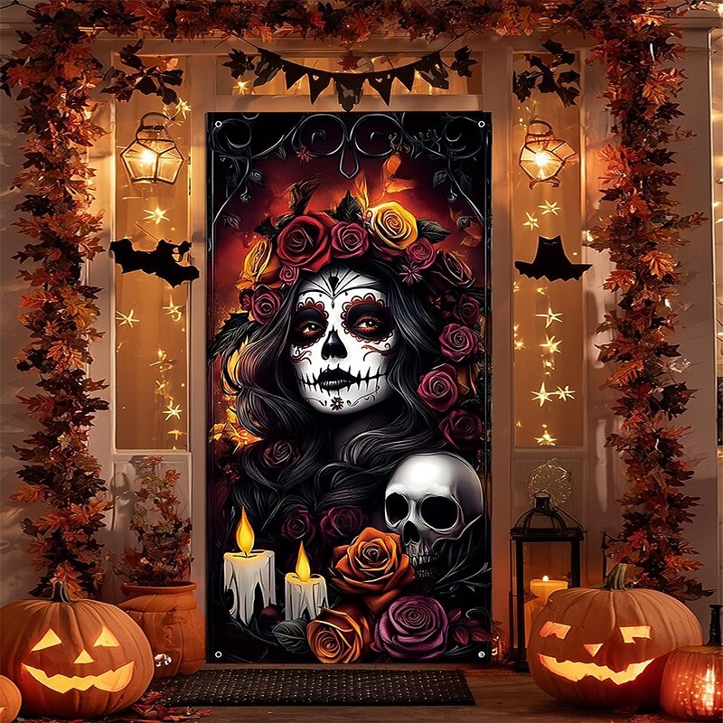 Halloween Door Cover Outdoor Banners Skeleton Mexico Dark Punk Gothic Style Party Outdoor Shooting Backgrounds Front Door Wall Porch Home Decor
