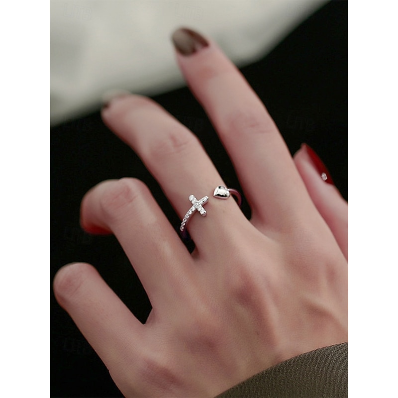 Women's Heart and Cross Ring – Adjustable Silver Plated Open Band with Cubic Zirconia, Minimalist Jewelry for Ladies & Christmas Gift3