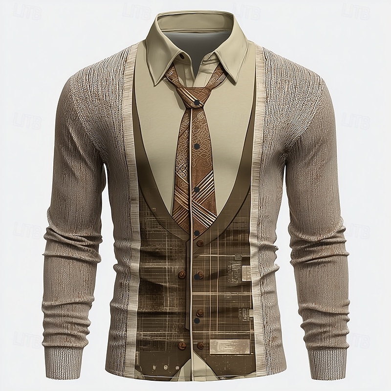 Men's Novelty Faux Collar and Suit Design Shirt Button Up Shirt Long Sleeve Vintage Retro Outdoor Casual Daily Spring Fall Turndown 3D Print Collared Shirts Light Khaki Khaki2