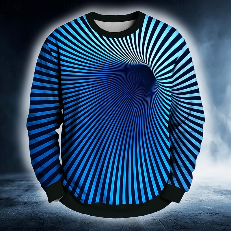 Men's Geometric Optical Illusion Visual Deception Sweatshirt Casual Crew Neck Vacation Party Gift Black Blue Crewneck 3D All Seasons Designer4