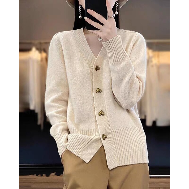 Women's Sweater Cardigan Streetwear Casual Solid Color V Neck Buttons Knitted Long Sleeve Regular Tops Knit Daily Holiday Going out Black White Fall Winter3