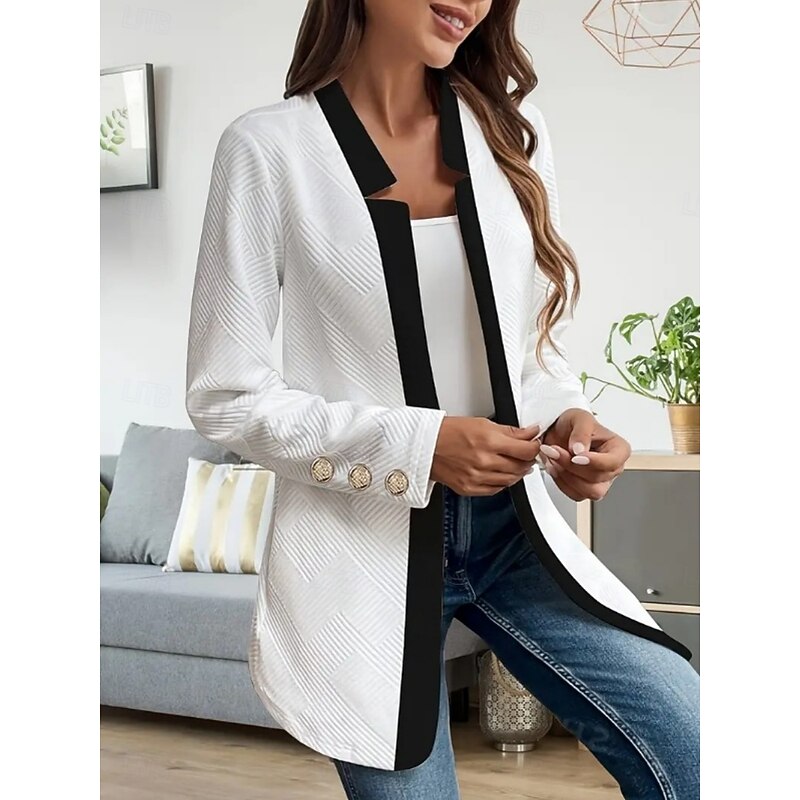 Women's Casual Jacket Comfortable Breathable Patchwork Buttons Elegant Casual Plain Vacation Street Casual Daily Wear Open Front Long Stand Collar Regular Fit Long Sleeve Outerwear Black White Spring2