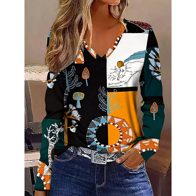 Women's T Shirt Floral Graphic Geometric Vintage Stylish Classic Long Sleeve V Neck Regular Tops Daily Print Orange Spring Fall Winter