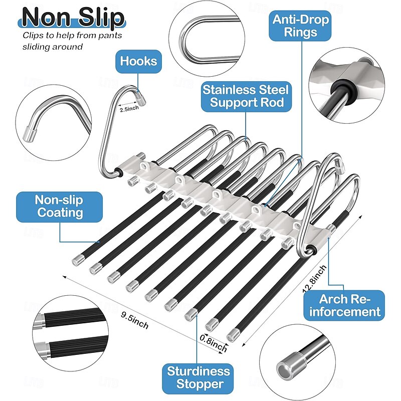 2 Pack Pants Hangers Space Saving 9 Layers Multifunctional Pant Rack Stainless Steel Closet Organizer for Pants Jeans Leggings Trousers, Antiquewhite3