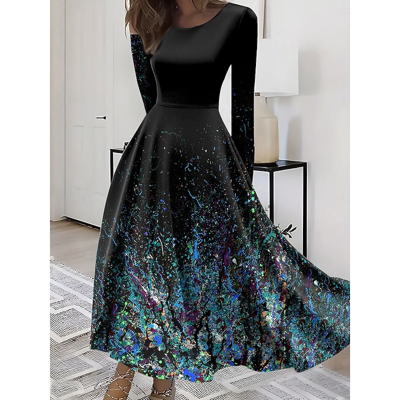 Women's Midi Dress A Line Dress Fit And Flare Dress Vacation Casual Boho Party Daily Going out Regular Fit Ombre Graphic Long Sleeve Crew Neck Red Blue Purple Green Summer Spring Fall Winter2