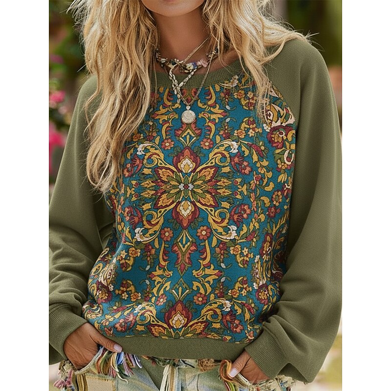 Women's Pullover Sweatshirts Floral Graphic Vintage Streetwear Long Sleeve Round Neck Regular Tops Dailywear Casual Print Wine Purple Orange Green Spring Fall3