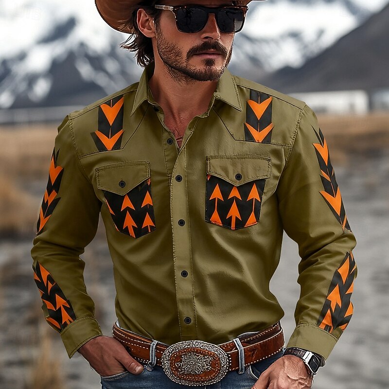Men's Geometric Pattern Western Shirt Button Up Shirt Cowboy Shirt Long Sleeve Vintage Retro Outdoor Daily WorkWear Fall & Winter Turndown 3D Print Front Two Pockets Linen Like Shirt Army Green Blue
