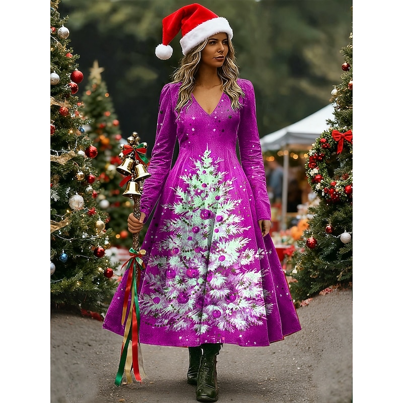 Christmas Women's Midi Dress A Line Dress Vacation Casual Holiday Regular Fit Graphic Christmas Tree Long Sleeve V Neck Red Blue Purple Green Spring Fall Winter3