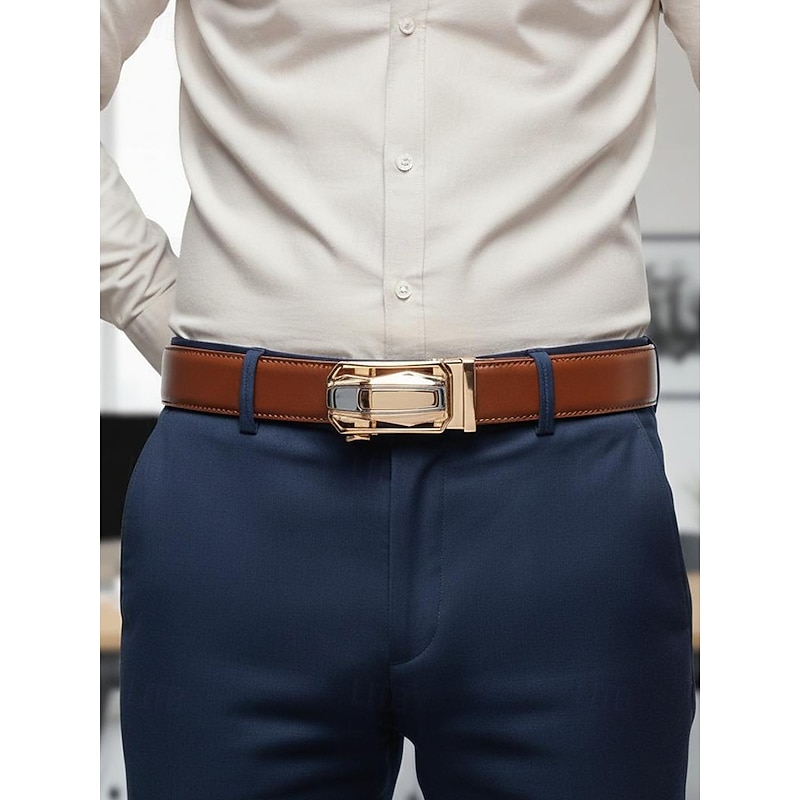Men's Genuine Leather Belt with Car Buckle – Luxury Automatic Ratchet Dress Belt for Business, Casual and Formal Wear2