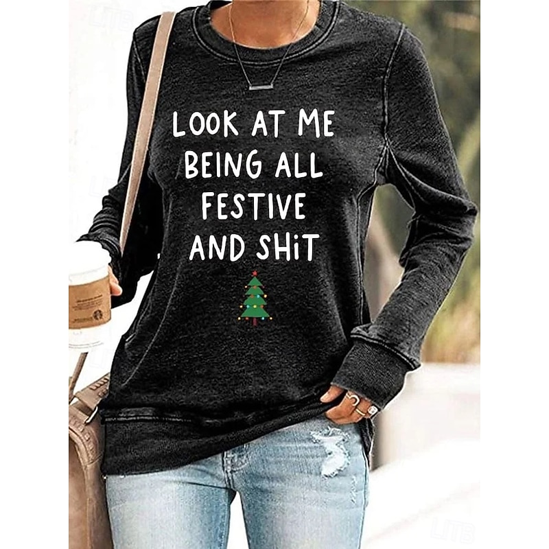 Women's Pullover Sweatshirt Graphic Tree Letter Casual Long Sleeve Crew Neck Regular Tops Street Casual Holiday Print Black Pink Red Green Gray Spring Fall Winter4