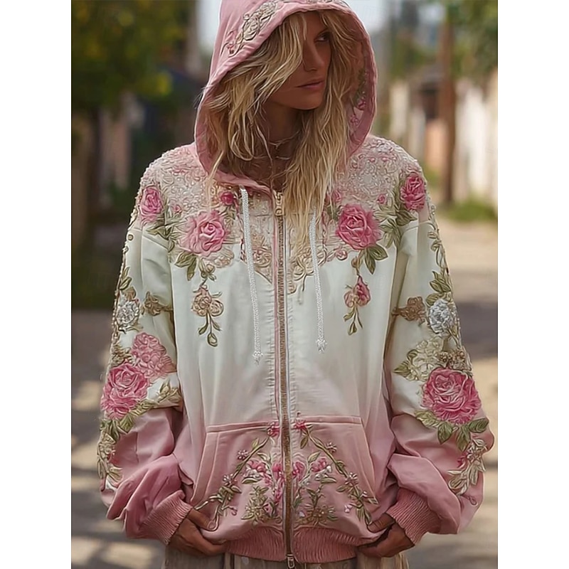Women's 3D Print Vintage Boho Hoodie Patchwork Hoodie Sweatshirt Floral Zip Up s Floral Graphic Fashion Casual Long Sleeve Hooded  Street Dailywear Patchwork Zipper Pocket Light Pink Spring Fall