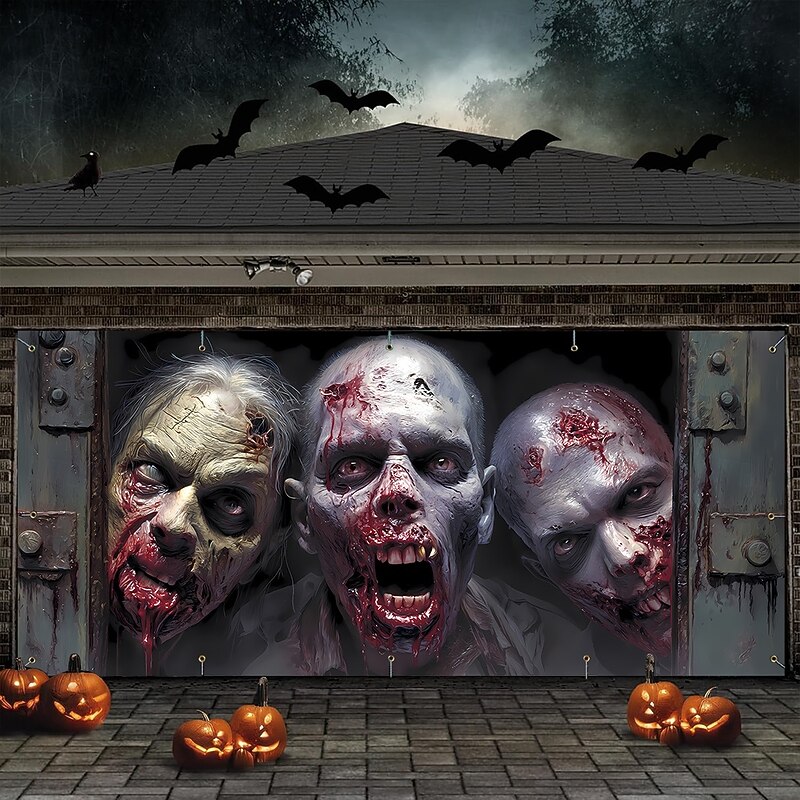 Halloween Garage Door Cover Large Hanging Backdrop Bloodstains Zombies Zombie Containment Unit Dark Punk Gothic Style Party Outdoor Shooting Backgrounds Yard Haunted House Home Decor3