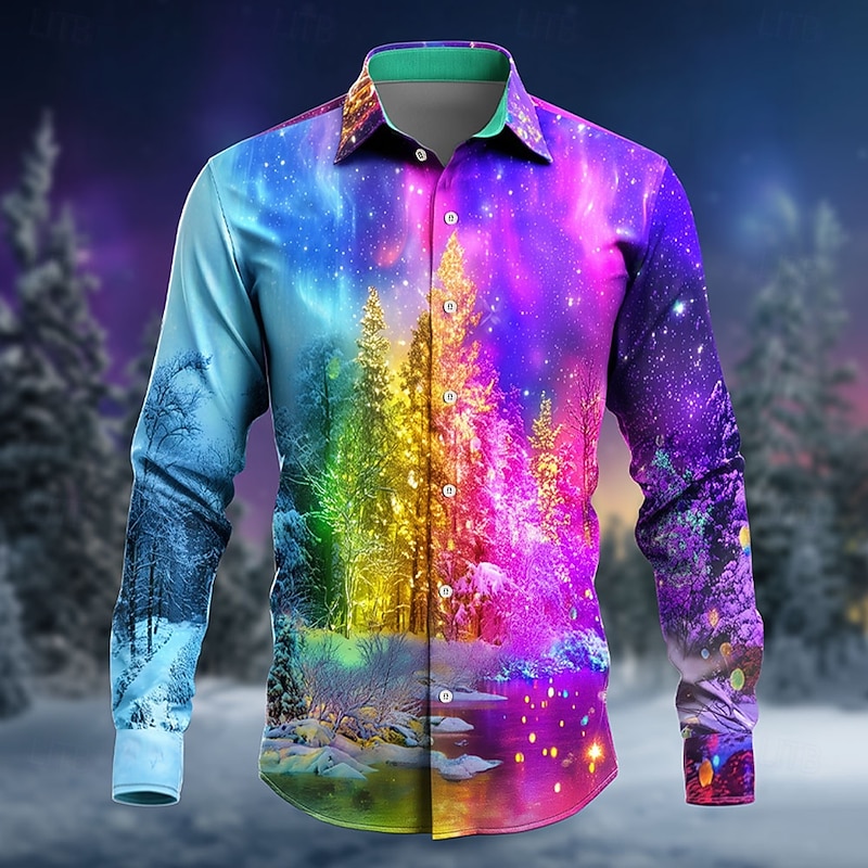 Christmas Men's Christmas Tree Aurora Christmas Costume Shirt Button Up Shirt Long Sleeve Funny Outdoor Holiday Spring Fall Turndown 3D Print Collared Shirts Blue 1# Blue Purple Green Dark Purple2