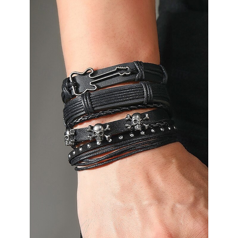 Men's Halloween Skull Leather Wrap Bracelet – Gothic Punk Multi-Layer Wristband with Guitar Charm for Rock Party and Cosplay