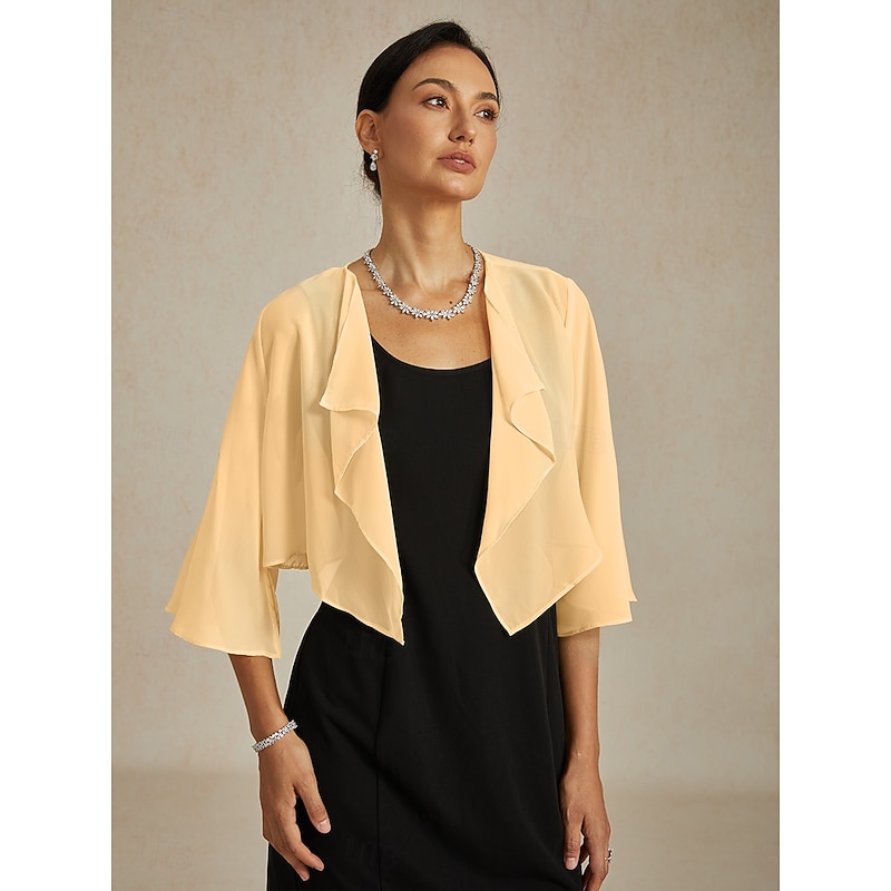 Women's Flowy Tops Chiffon Tops Solid Color Elegant 3/4 Length Sleeve Asymmetrical Crop Tops Wedding Guest Champagne Summer Spring Fall2