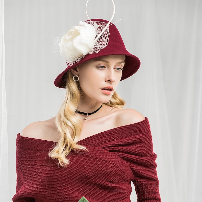 Hats 100% Wool Bowler / Cloche Hat Bucket Hat Fedora Hat Wedding Evening Party Elegant Wedding With Feather Floral Headpiece Headwear