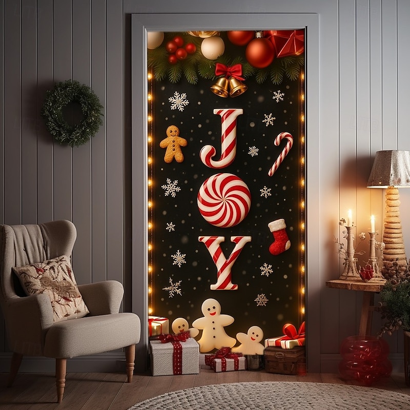 Christmas Door Cover, andy Cane, Gingerbread and Peppermint JOY Festive Backdrop Door Curtain for 2025 Xmas Party Indoor Outdoor Holiday Decorations4