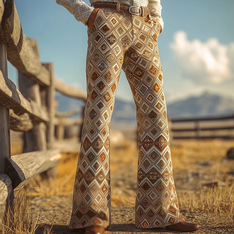 Men's Geometric Grid / Plaid Ethnic Disco Pants 60s 70s Bell Bottoms Mid Waist Western Vintage Retro Outdoor Vacation Casual Side Pockets Flared Leg Pants Trousers Spring Fall 3D Print Brown khaki2