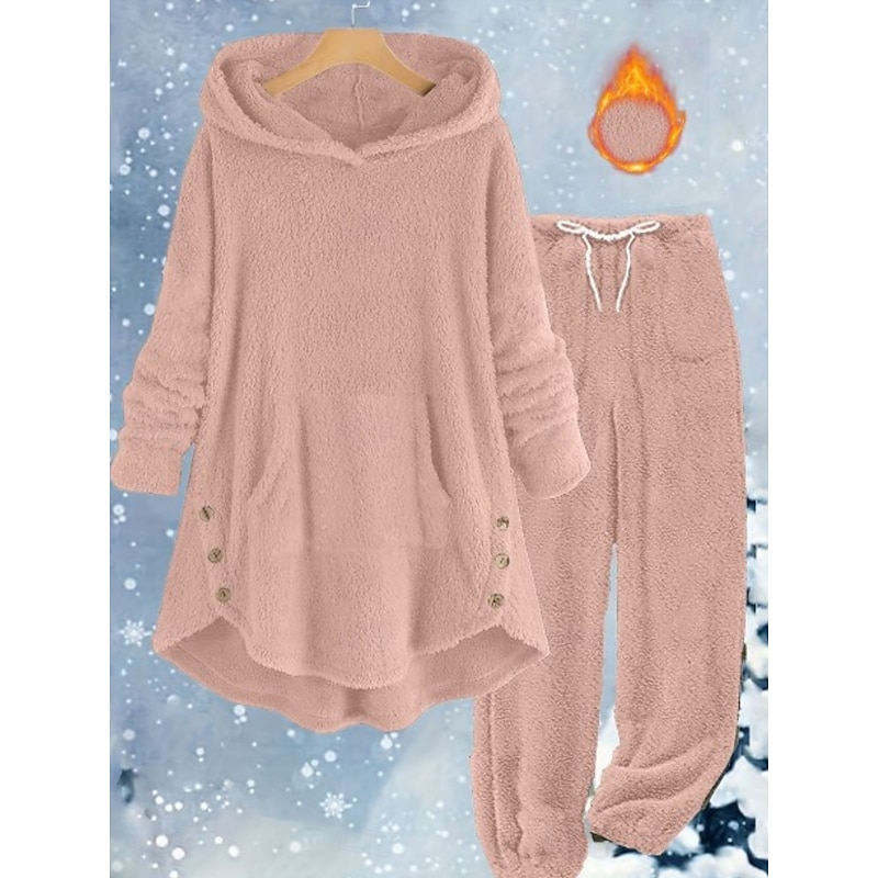 Women's Fashion Streetwear Daily Pants Sets Long Sleeve Hooded Plain Casual Daily Black White Yellow Spring Loose Fit