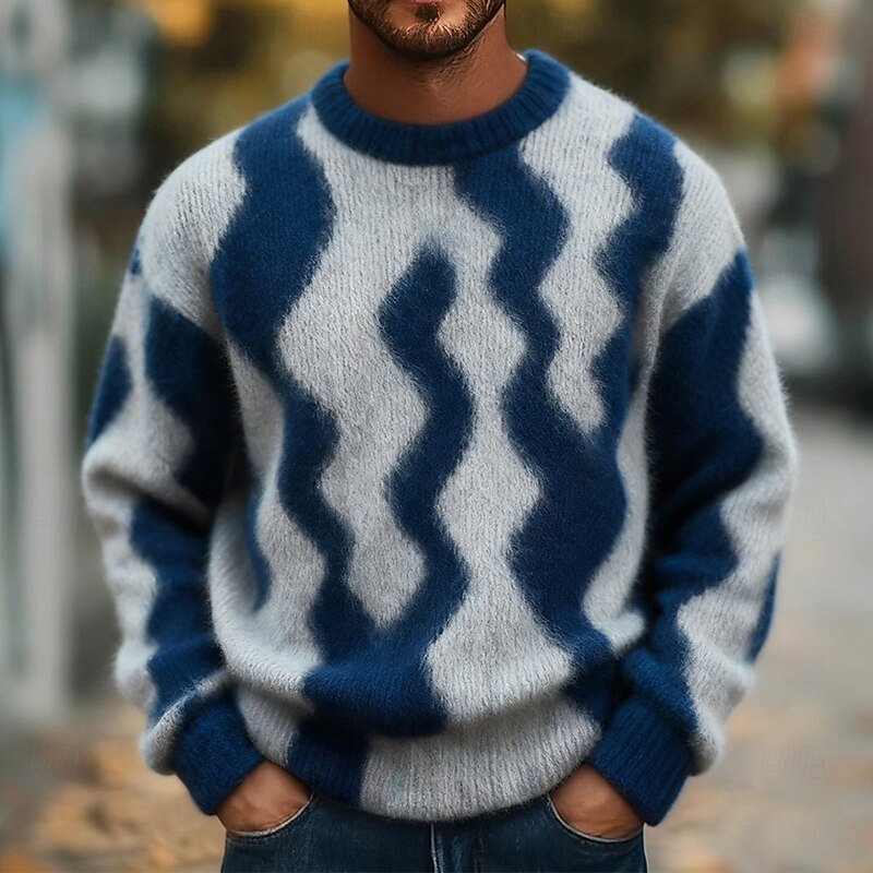 Men's Lines / Waves Pullover Sweater Jumper Knitwear Crewneck Casual Vacation Street Daily 3D Print Knitting Keep Warm Long Sleeve Spring Fall Winter Black Red Blue