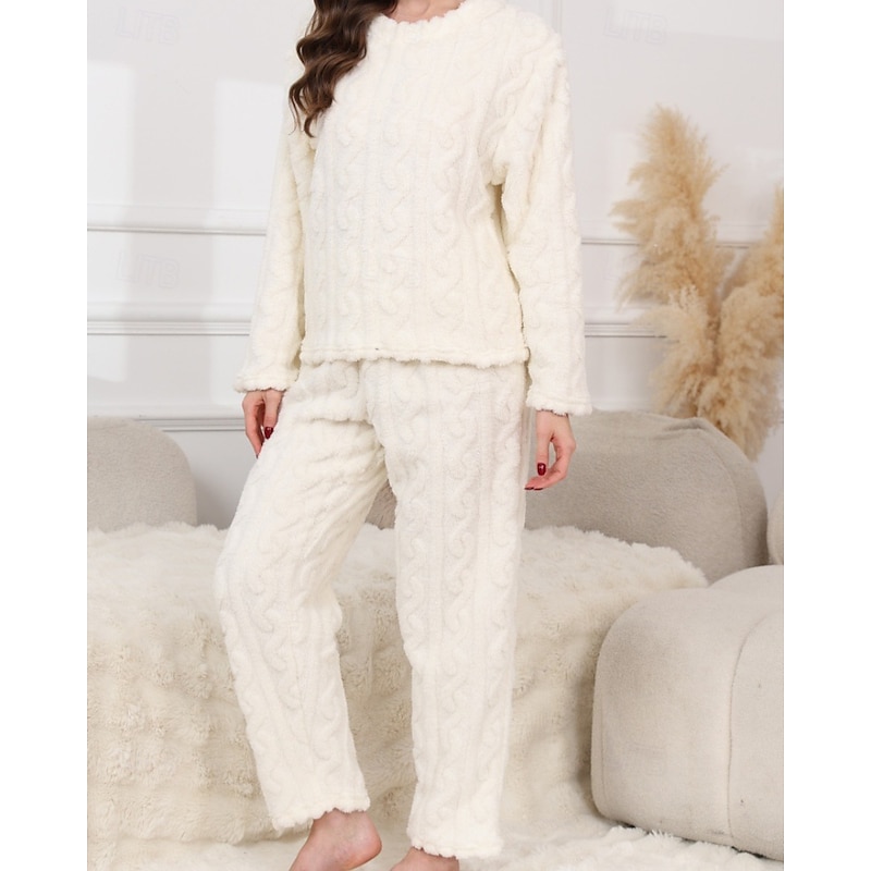 Women's Loungewear Pajama Set Casual Comfort Floral Pure Color Elastic Waist Pullover Pant Vacation Home Daily Long Sleeve Crew Neck Light Pink White powder Lotus Pink White Pink Winter Regular Fit2