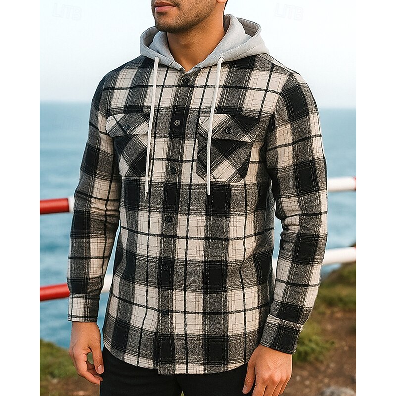 Men's Flannel Jacquard Jacket Hoodie  Shirt Jacket with Pockets Long Sleeve Top Athleisure Plaid Checkered Windproof Warm Hiking Travel Vacation Sportswear Activewear Black Red Khaki3