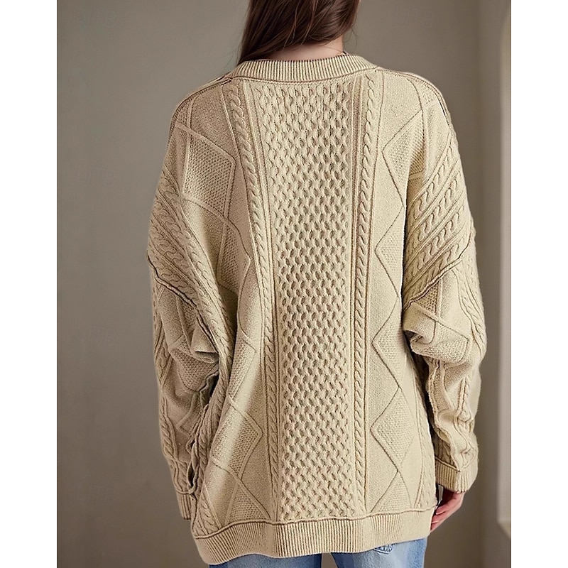 Women's Sweater Cardigan Streetwear Casual Color Block Cable Crew Neck Patchwork Buttons Knitted Long Sleeve Regular Tops Knit Daily Holiday Going out Navy Blue Blue Fall Winter2