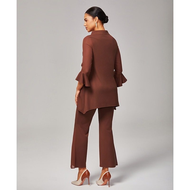 Women's Brown Chiffon Modal Set Blouse Bell Bottom Pants Fitted Flowing Sheer Accents Elegant Comfortable Stylish Daily Work Evening Wear3