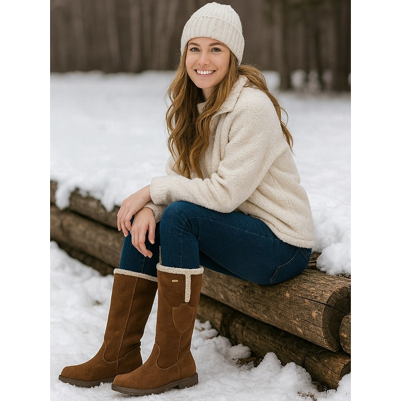 Women's Suede Knee-High Boots with Fleece Lining - Brown Winter Casual Boots for Outdoor Activities2