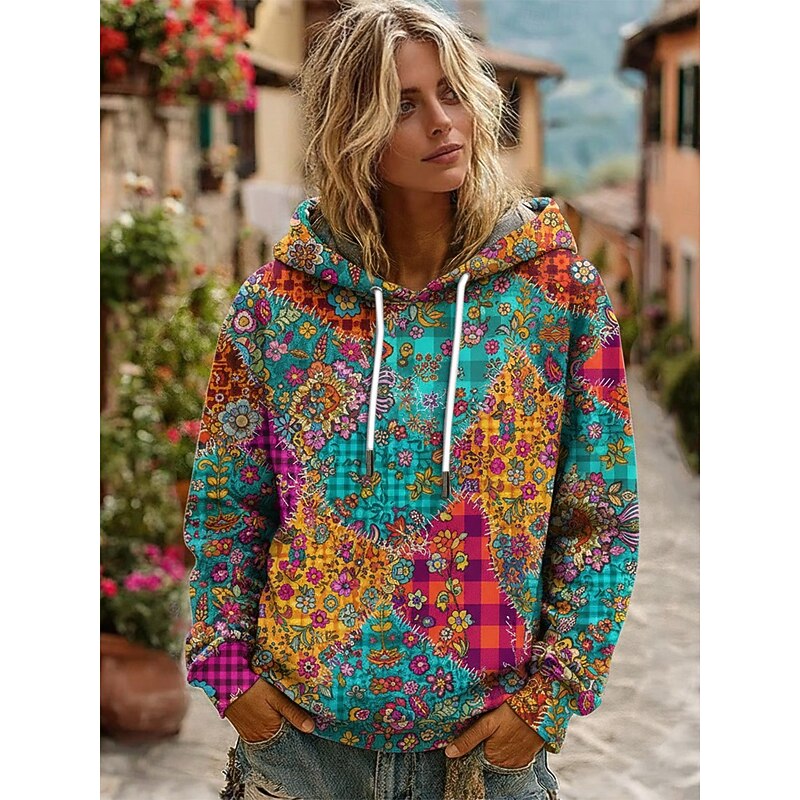 Women's Pullover Hoodies Floral Plaid Retro Casual Boho Long Sleeve Hooded Regular Tops Dailywear Casual Drawstring Pocket Print Blue Spring Fall3
