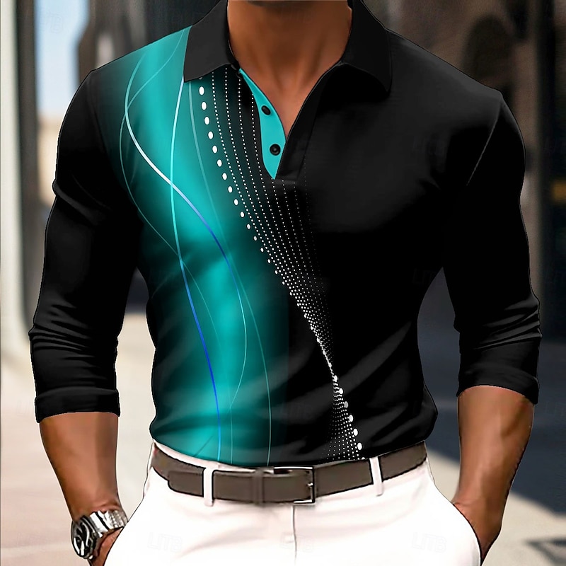 Men's Geometic Line Polo Long Sleeve Polo Shirts Collared Shirts Business Casual Business Athleisure Daily Wear 3D Print Buttons Spring Fall Winter Lake blue Red Blue2