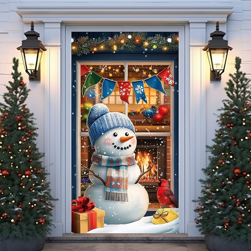Christmas Door Cover Winter Holiday Curtain Decoration Festive Drapes Featuring Snowman And Santa Claus With Snowy Scene And Bookshelf Large Fabric Panel For Home Living Room Bedroom Entryway Decor