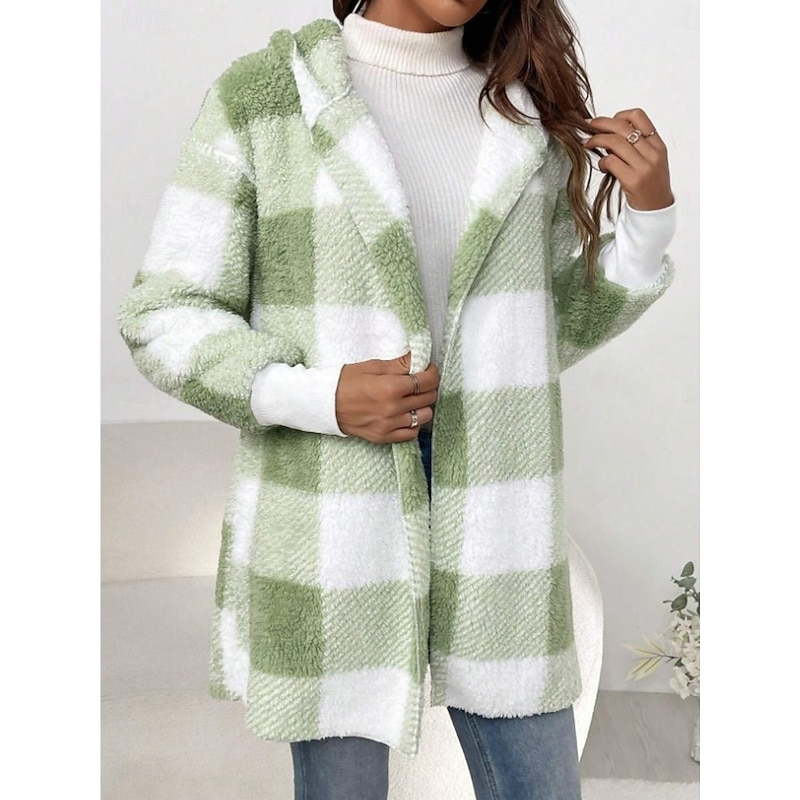 Women's Fleece Jacket Sherpa Jacket Comfortable Breathable Print Open Front Casual Plaid Vacation Street Casual Daily Wear Open Front Long Turndown Regular Fit Long Sleeve Outerwear Yellow Blue Green