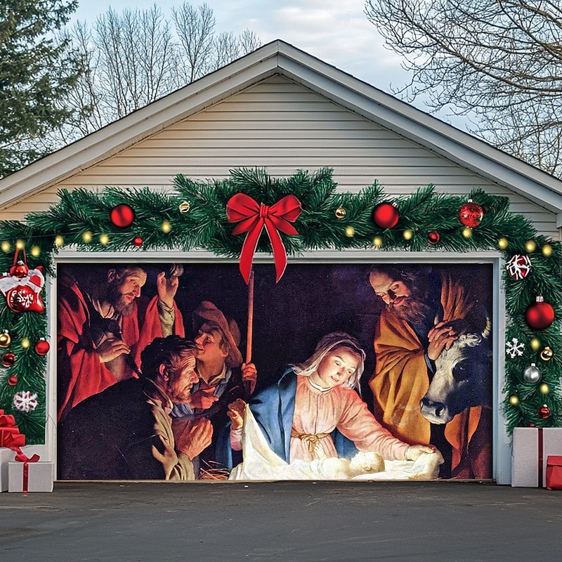 Christmas Outdoor Garage Door Cover Nativity Scene Jesus Birth Manger Large Tapestry Backdrop Holiday Wall Decoration For Outdoor Garage Door Home Christmas Festival Religious Celebration Decor