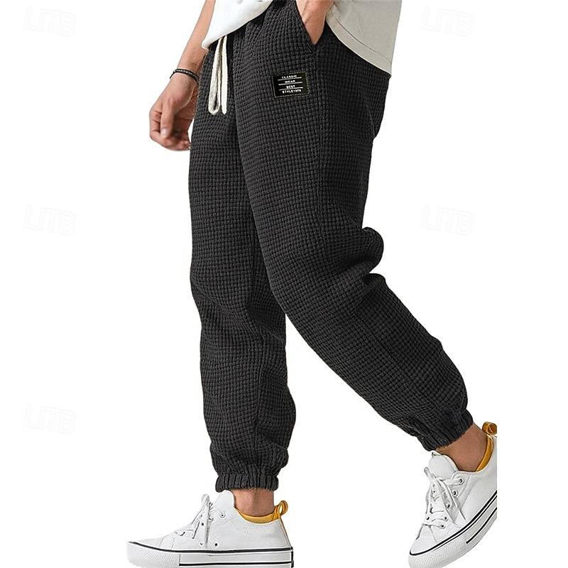 Men's Waffle Sweatpants Joggers Trousers Casual Pants Drawstring Solid Color Comfort Full Length Outdoor Daily Streetwear Fashion Classic Style Lake blue Black Stretchy3