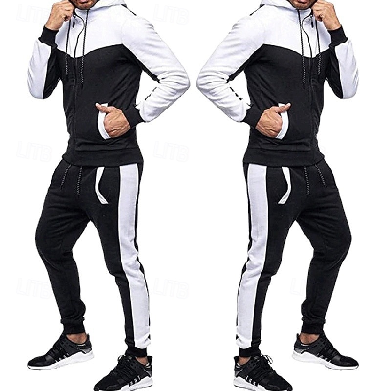 Men's 2 Piece Tracksuit Lounge Hoodie Sweatsuit Sets Color Block Clothing Suit Spring Dark Grey Black Gym Workout Running High Waist Lightweight Fashion Long Sleeve Sport Activewear Micro-elastic