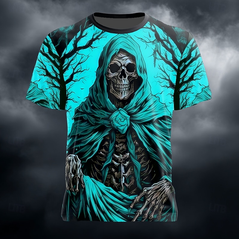 Halloween Men's Optical Illusion Grim Reaper 3D T Shirt Short Sleeve T shirt 3D Print Crew Neck Shirt Exaggerated Designer Horror Party Street Holiday Yellow Red Blue Summer Spring All Seasons2